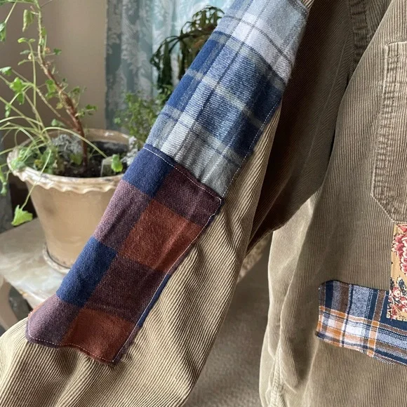 Boho retro upcycled plaid floral graphic patchwork corduroy Dockers button down - Picture 11 of 16